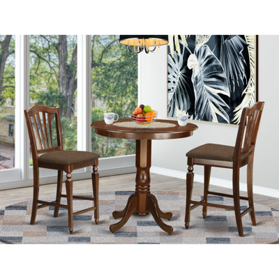 3 Piece Counter Height Dining Set Contains a Round Dining Room Table with Pedestal and 2 Linen Fabric Upholstered Chairs, 36x36 Inch, Mahogany