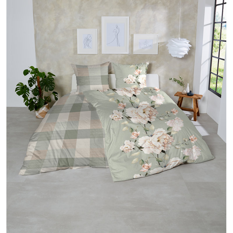Octavia Cotton Floral Duvet Cover Set with Pillow Shams Included, Single Duvet Cover + 1 Standard Pillowcase, Grey/Beige