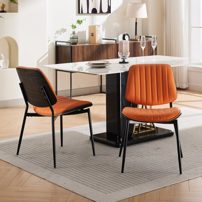 Ensemble de 2 chaises de salle à manger, Mid-Century moderne, cuir de polyuréthane orange, dossier noyer, pieds en métal, conception ergonomique et stable pour la maison, 2 chaises modernes, faux bureau effilé