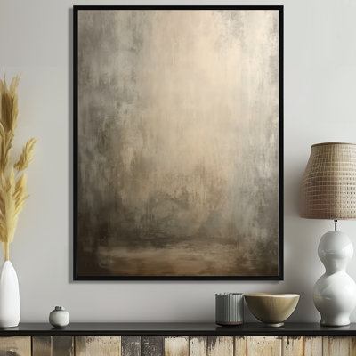 Hazy Summer Landscape In Beige By The Lake - Minimalism Framed Canvas Print, Brown Minimalist Wall Art