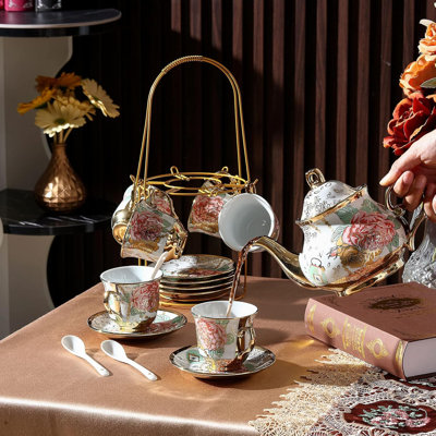 20 Pcs Porcelain Tea Set with Metal Holder and Spoon Adult Ceramic Tea Set European Flower Painting Teapot Cup Saucer Spoon for Women Mom Gift, Large Version (Bright Style)