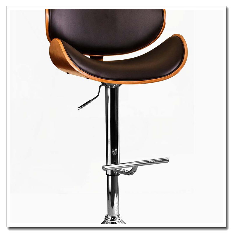 Modern Contemporary Swivel Walnut Bentwood Bar Stool – Black Upholstery – Adjustable Height, Black
