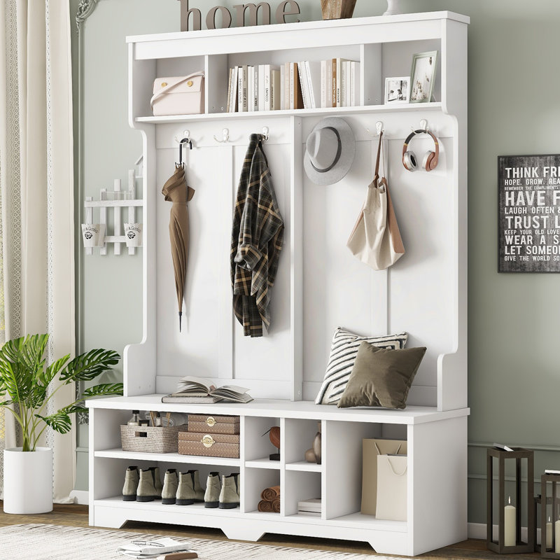 Modern Hallway Hall Tree With Metal Hooks And Storage Space, Multi-Functional Entryway Coat Rack With Shoe Cubbies, White