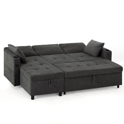 84" Reversible Sectional Pull-Out Sofa Bed With Adjustable Backrest, Modern L-Shape Sofa With Storage Chaise, 3-Seat Convertible Couch With Usb Chargi