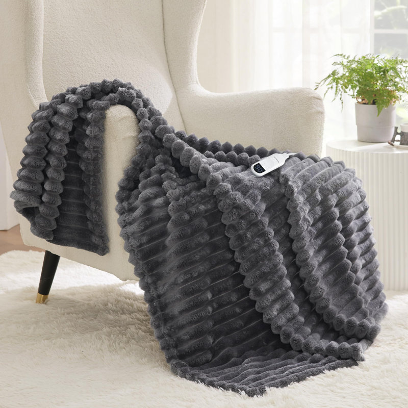Heated Blanket Electric - Thick Striped Flannel Electric Blanket, Heating with 4 Time Settings, 6 Heat Settings, and 3-Hour Timer Auto Shut Off