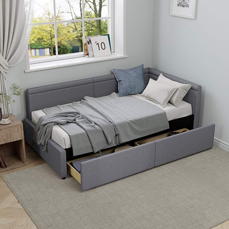 Lit de coin en L de style moderne avec lit simple tapissier et deux tiroirs de rangement, Gris