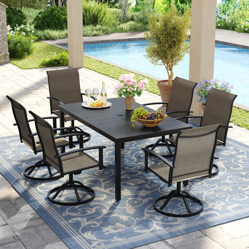 6-Person Rectangular Patio Dining Set With 360° Swivel PVC-coated polyester Chairs, Black/Brown