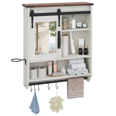 Bathroom Storage Cabinet with Mirror, Farmhouse Wood Wall Mounted Medicine Cabinet with Adjustable Shelf, Towel Bar, S-Hooks & Hair Dryer Holder, Multi-use Organizer for Laundry Room, Kitchen & Living Room