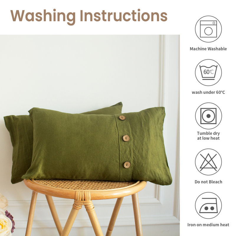 100% Linen Lumbar Pillow Cover 12 X 20 Inch Set Of 2 Rectangular Decorative Pillow Cover With Vintage Triple Coconut Button