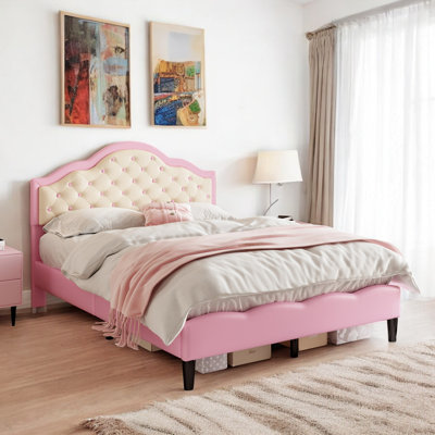 Pink PU 4Ft6 Double Upholstered Bed Frame With Adjustable Tufted Headboard (No Mattress)
