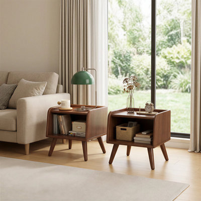 15.75"W Low & Narrow Solid Wood Beech Nighstand With Open Shelf-Set of 2