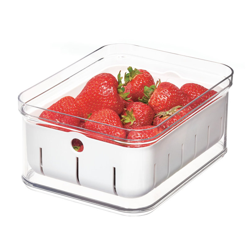 iDesign Crisp Berry Plastic Bin, Modular Stacking Food Storage Box with Removable Inner Basket, BPA Free, 8.32" x 6.32" x 3.88", Clear and White