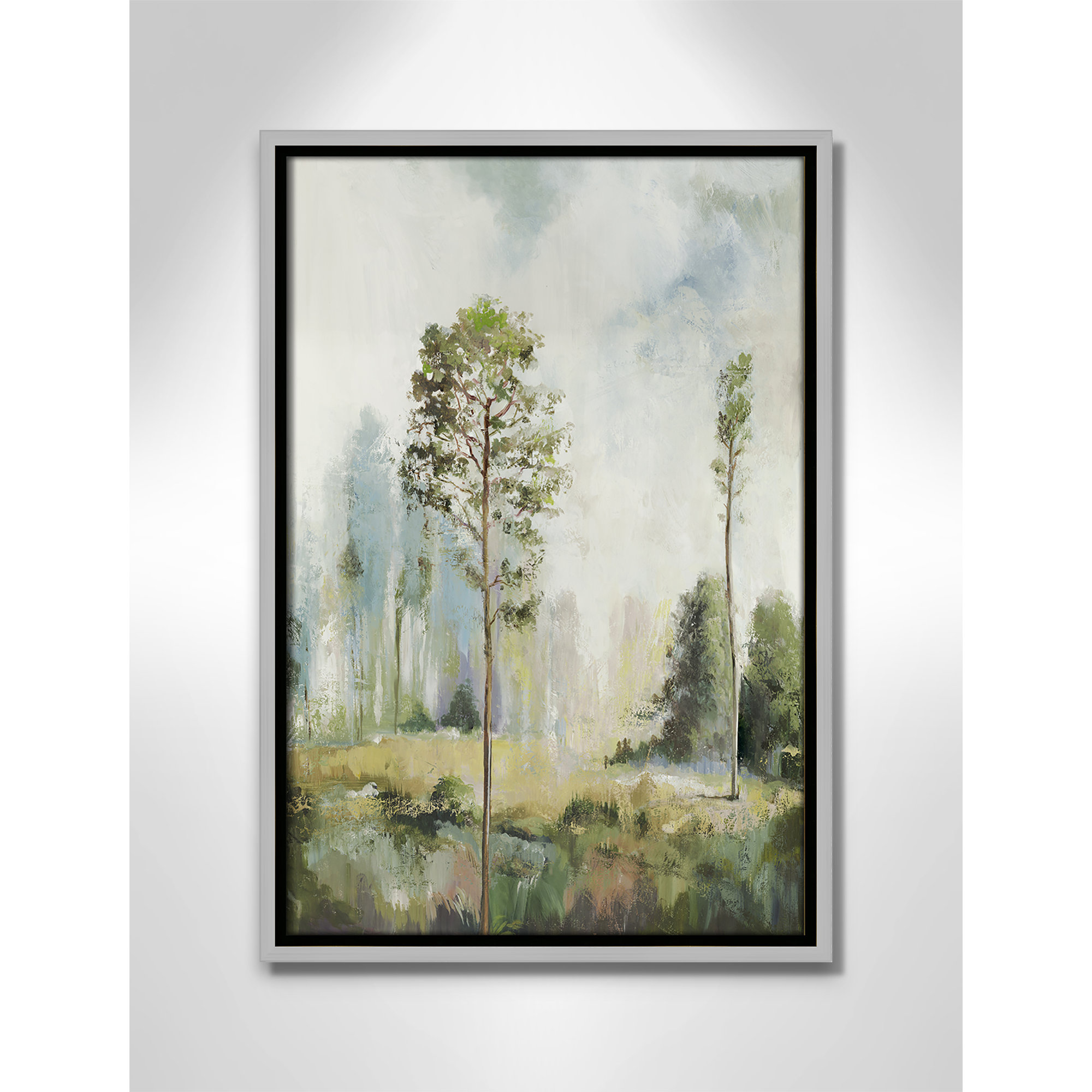 Tall Green Trees I by Teton Pearce - Floater Frame Print on Canvas, 19.5" H x 13.5" W, Silver