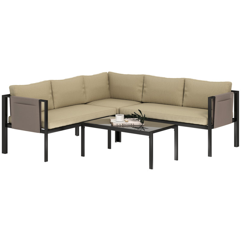 Outsunny 5 Seater Garden Corner Sofa Set with Loveseats 4 Pieces Khaki