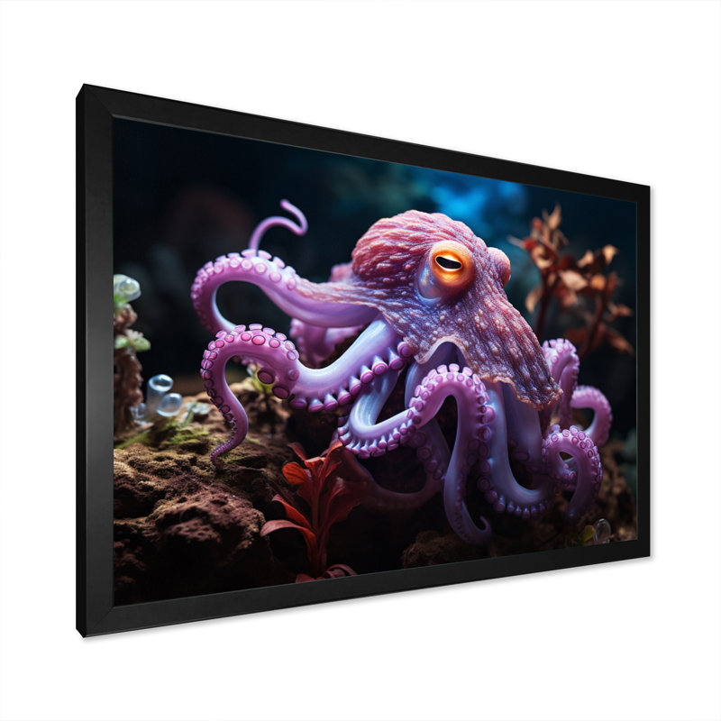 Pieuvre mauve, rencontre mystique sur toile, H 16 po x l 32 po x P 1 po, Cadre simple noir