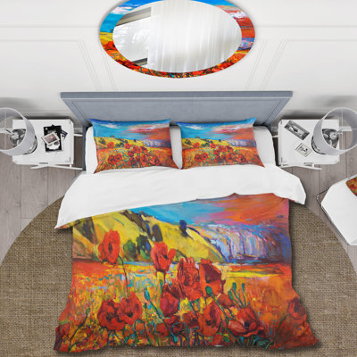 Champ de coquelicots Blossom Red sous un ciel bleu - Ensemble de housse de couette traditionnel - Microfibre de polyester