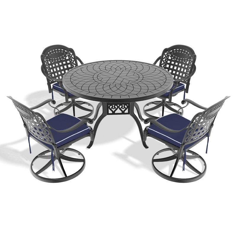 Ensemble de salle à manger 5 pièces en aluminium coulé résistant aux intempéries, comprenant 4 chaises pivotantes et une table ronde de 47,24 po avec structure noire