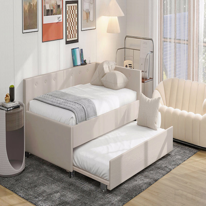 Full Upholstered Platform Bed Frame, USB, Twin Trundle, Full/Double