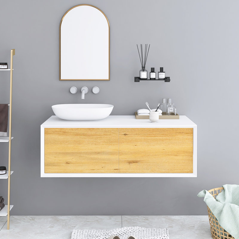 Armoire de salle de bain murale moderne 47 po, équipée d'un lavabo à surface solide, d'un corps d'armoire en panneau de fibres à densité moyenne et d'un tiroir à rebond automatique sans poignée