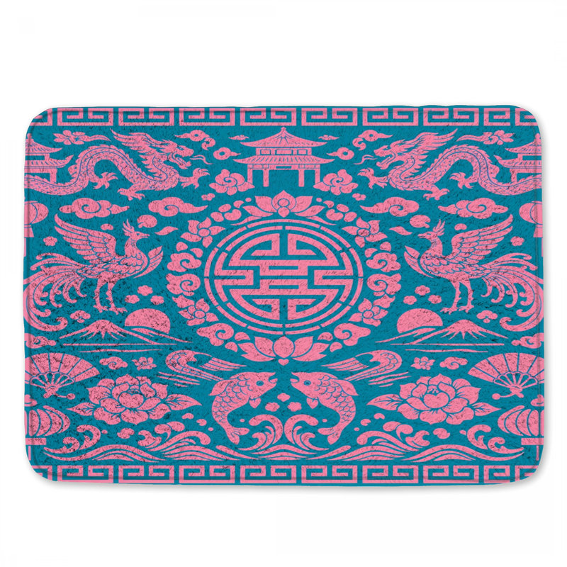 Tapis de bain rose à motifs chinois, 24in W x 17in L