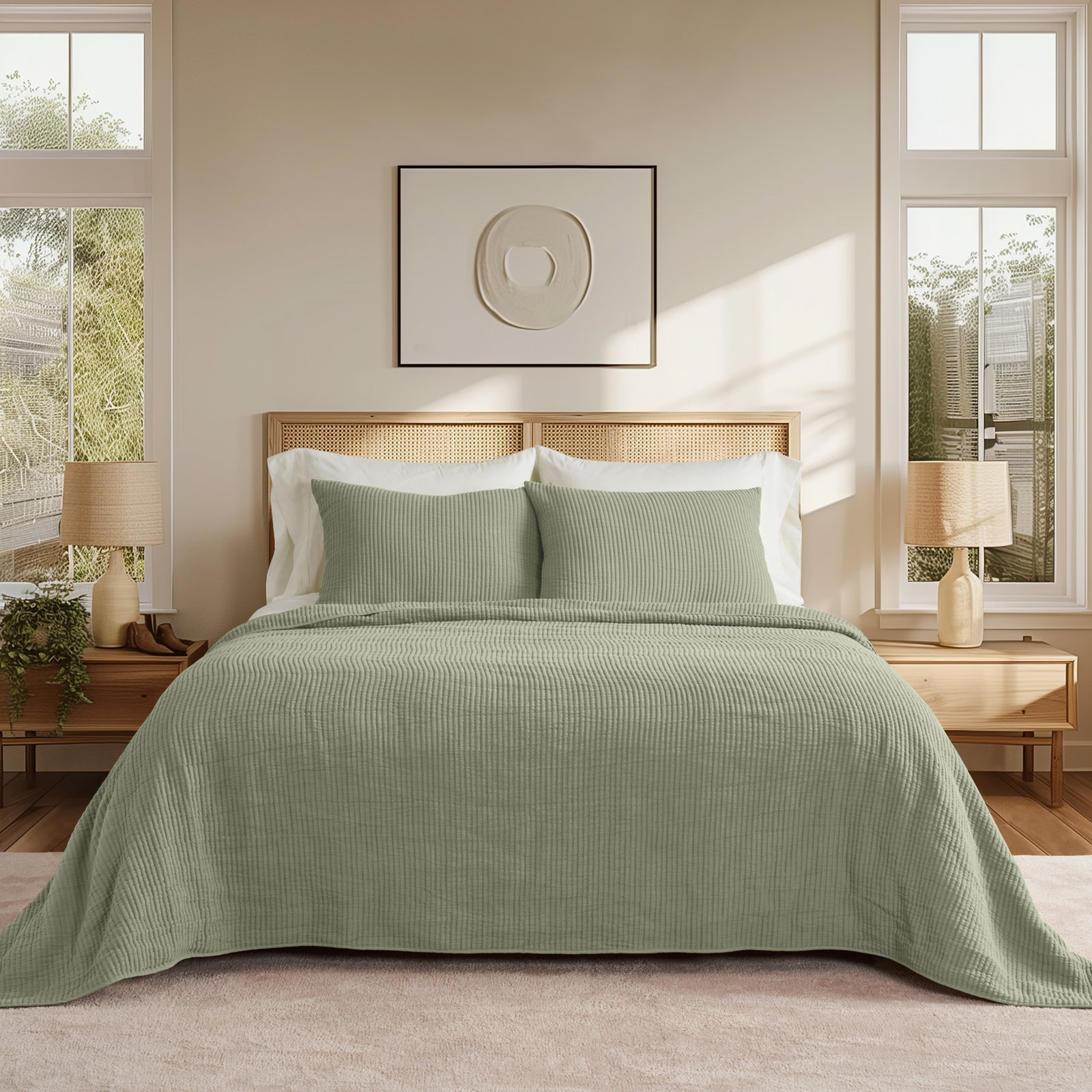 Ribbed Matelassé Cotton Coverlet Set, King Quilt + 2 King Shams, Sage Green