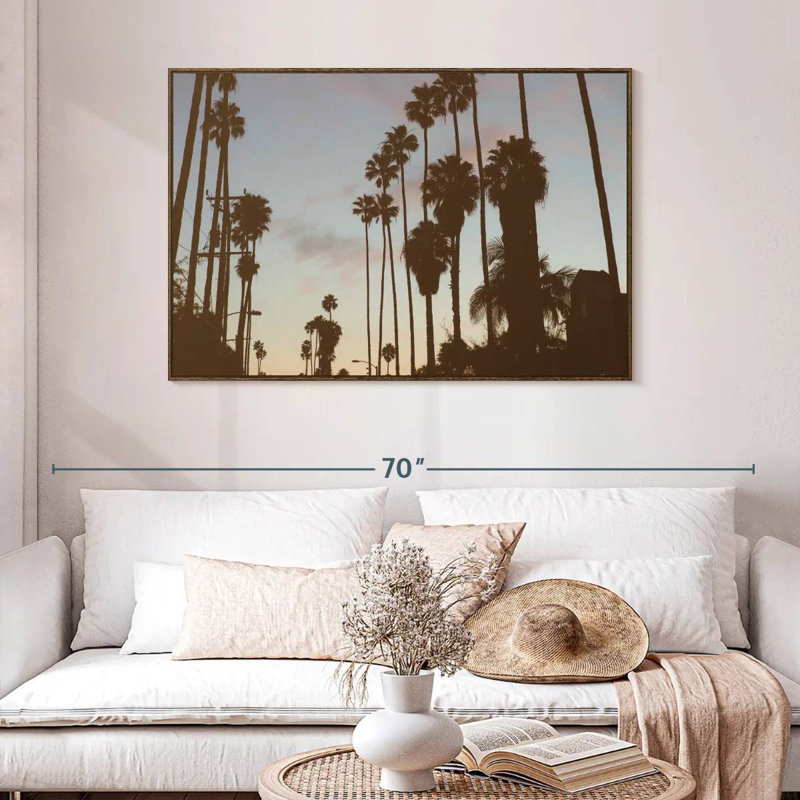 Silhouette des palmiers de Los Angeles, 46 po x 31 po, Cadre flottant noyer