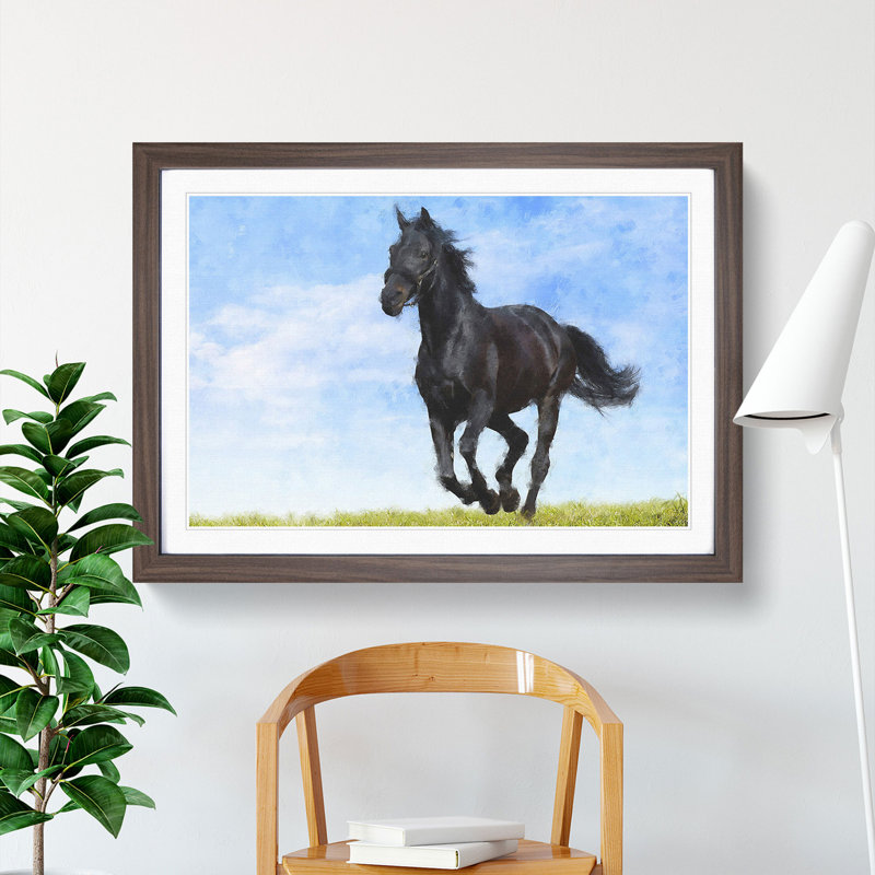 Black Horse - Picture Frame Painting, Walnut Framed, 27cm H x 36cm W x 2cm D