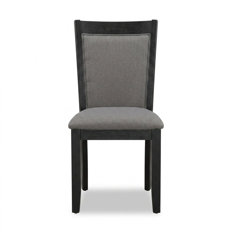 Ensemble de salle à manger rond 3 pièces avec table sur pied et chaises rembourrées, en bois d'hévéa brossé noir et gris foncé Gotham, et tissu lin.