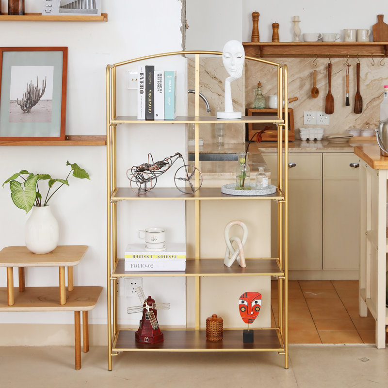 Lejon No Assembly Folding Etagere Bookcase, (4 Shelves) 53.2" H x 30.9" W x 12.6" D, Gold