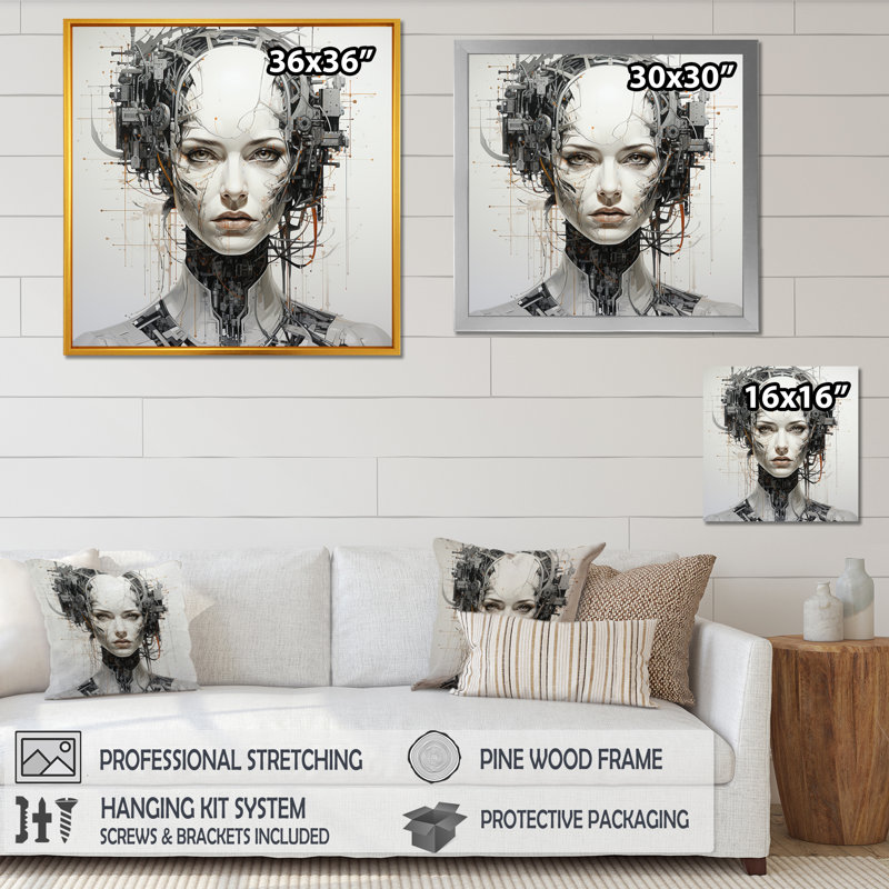 Robotic Minimalisme Portrait I - Robots, reproduction d'art mural, H 36 po x l 36 po x P 1,5 po, Cadre flottant noir