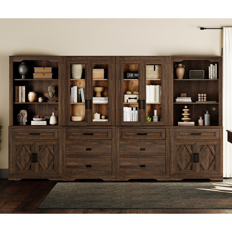 4 Column 5 Tier Bookcase With Drawer,73.3" Tall Floor Standing Bookshelf,Modern Farmhouse Display Storage Cabinet With Adjustable Shelves For Living Room,Espresso Brown