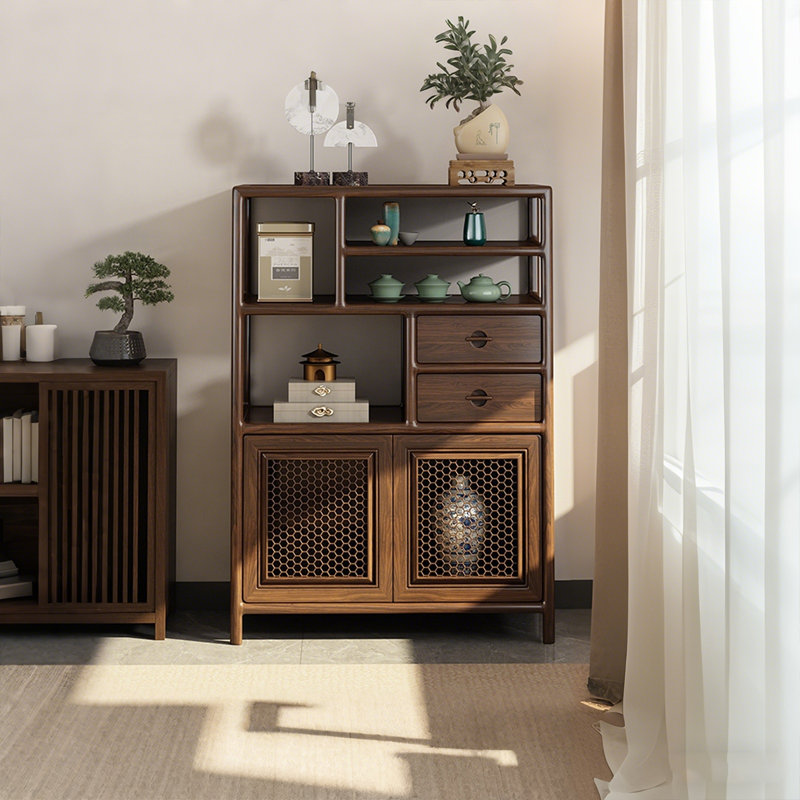 39.37"New Chinese-style solid wood black walnut brown display cabinet and storage rack, 51.18" H x 39.37" W x 14.96" D