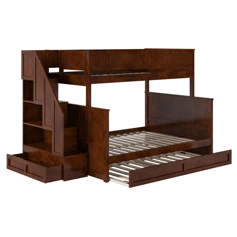 Keaire Staircase Bunk Bed with Storage Drawer and Twin Trundle, Walnut, Twin Over Full