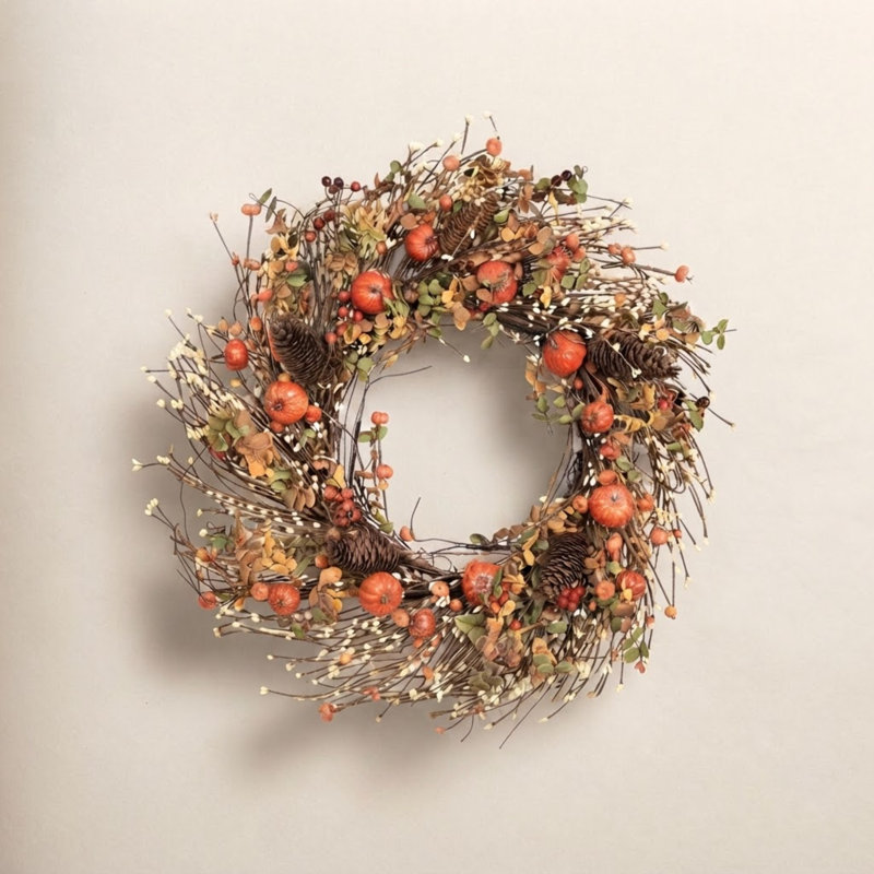 Couronne de 24 po avec rameaux artificiels rustiques et baies, pomme de pin, récolte d'automne, porte d'entrée, couronne, décoration de l'Action de grâce d'Halloween