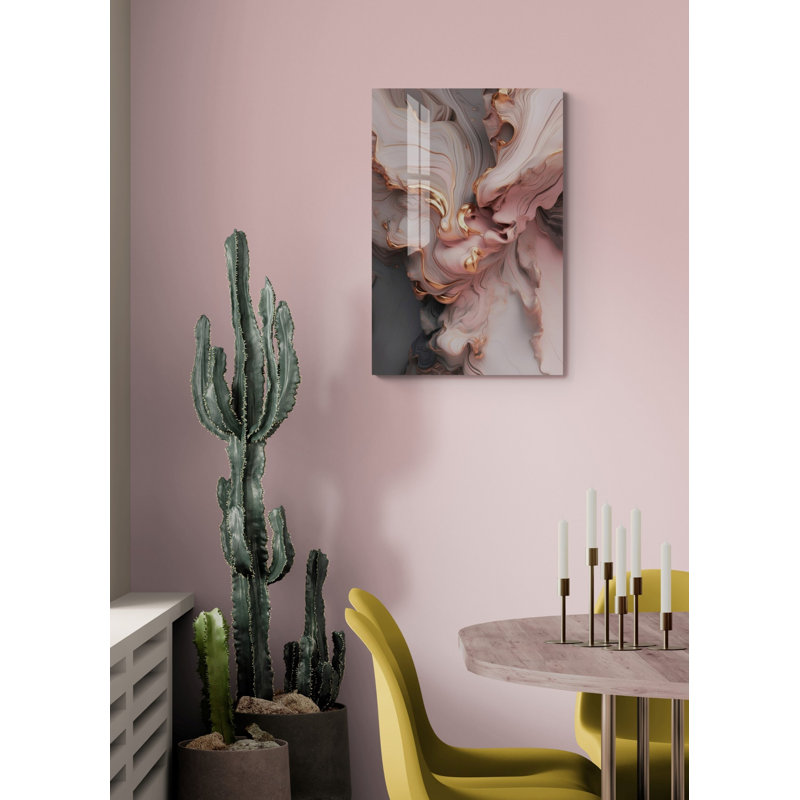 Décoration murale en verre trempé rose fumé et accents dorés, impression d'art abstrait moderne sur verre