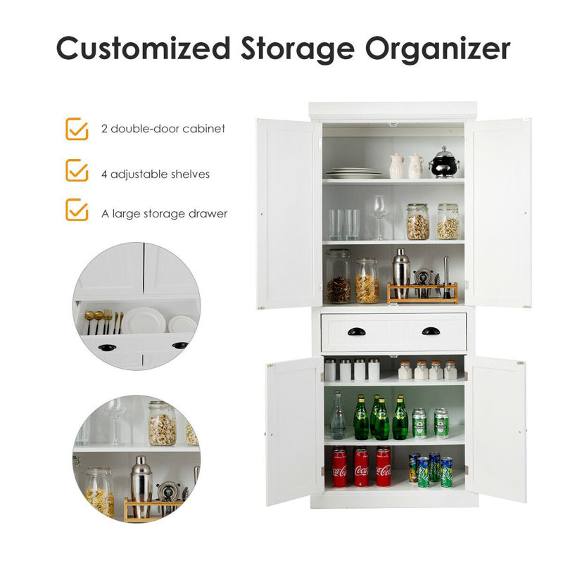 White 72" Freestanding Kitchen Pantry Cabinet with Adjustable Shelves