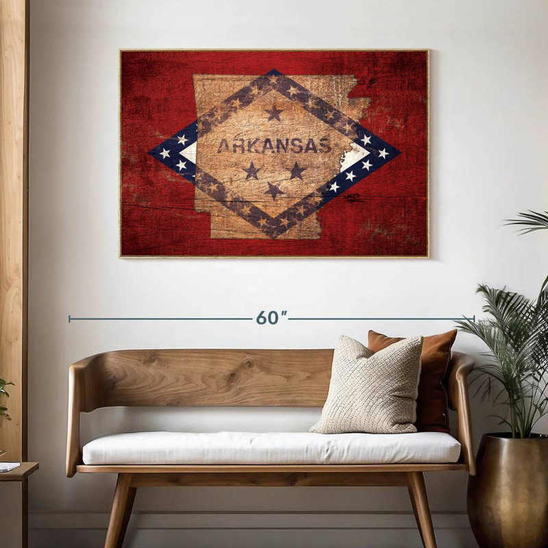 Carte d'État sur le drapeau de l'Arkansas, Cadre flottant en bois naturel, 46 po x 31 po