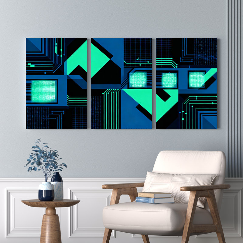 Ensemble de 3 tableaux sur toile à motif de circuit imprimé abstrait, H 18 po x l 36 po