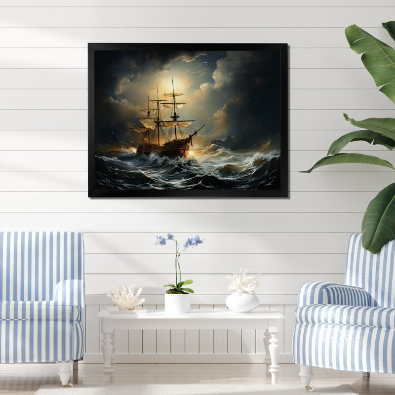 «Pirate Boat Carabian Legacy I», art mural pirate, Cadre flottant brun, H 12 po x l 20 po x P 1 po
