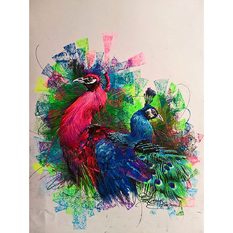 Paire de paons | Pastels à l'huile sur papier | Peinture murale décorative