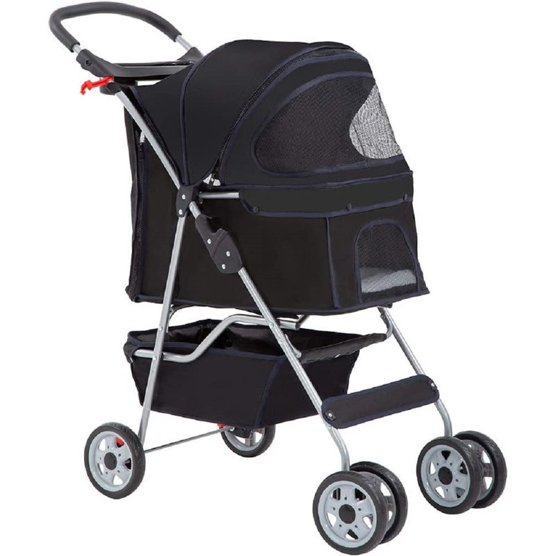 Black 4-Wheeled Folding Pet Stroller with Mesh Windows