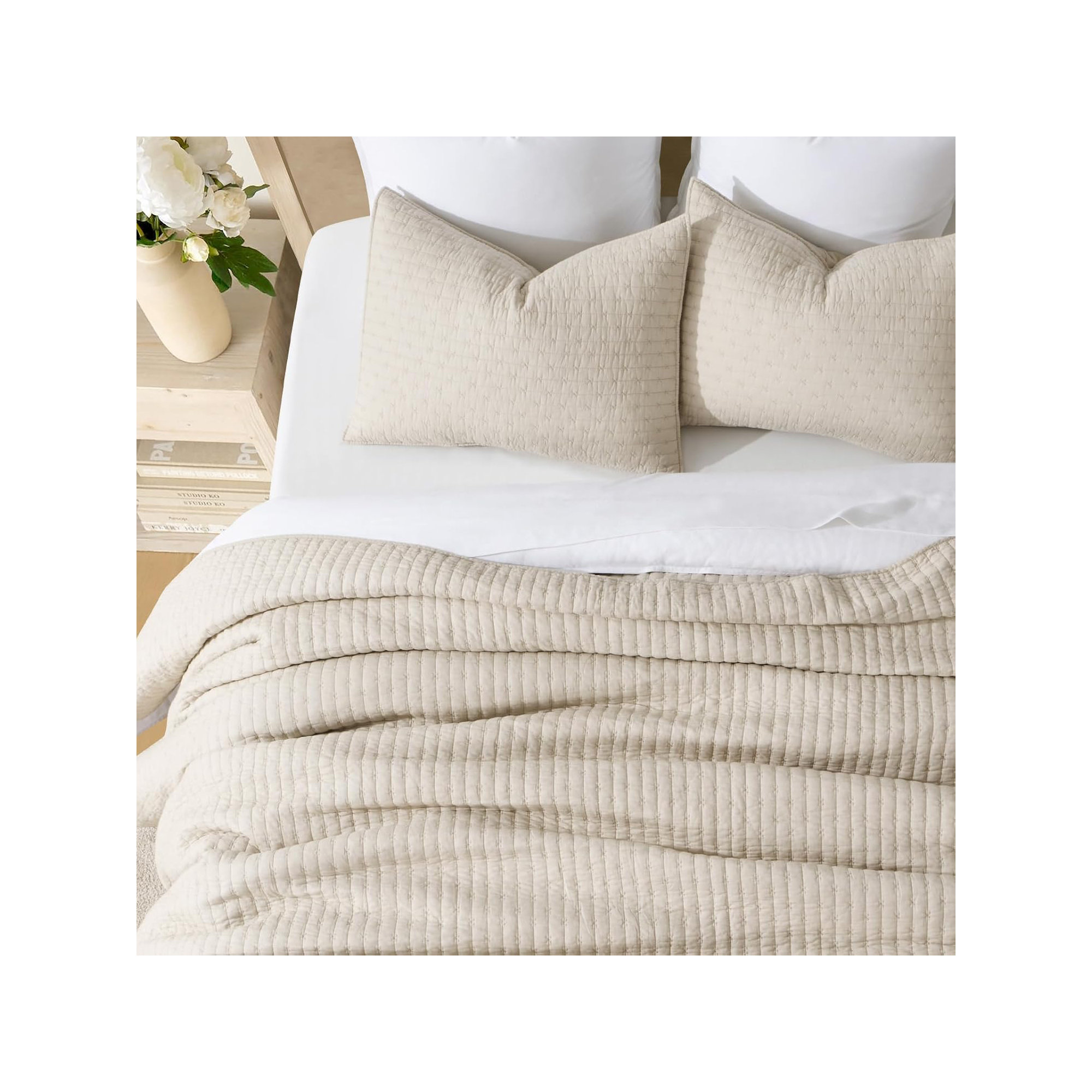 Cross Stitch Cotton Quilt set, Flax Beige, Oversized CalKing Quilt+2Oversized Cal King Shams