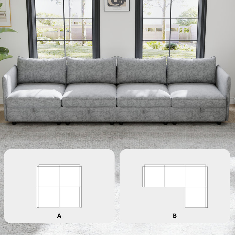 4-Seat Modular Sectional Sofa and Hidden Storage, Convertible Sofa Couch with Soft Cushions, 32" H x 129" W x 32.5" D