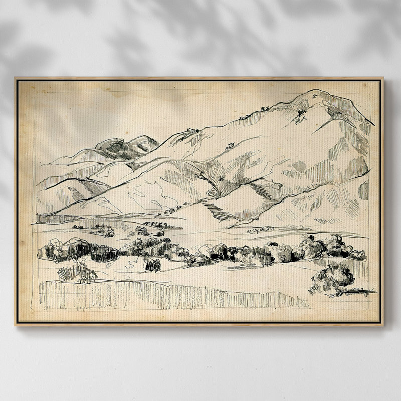Croquis de montagne I, Pas de tapis, Toile avec cadre en bois naturel, H 27 po x l 41 po x P 2 po