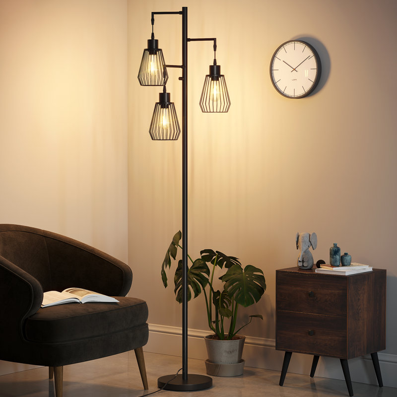 68.5" Industrial Black Tree Floor Lamp with 3 Bulbs Included