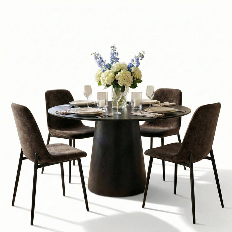 4 - Person Dining Table Sets With Round Table & 4 Upholstered Chenille Chairs, Brown