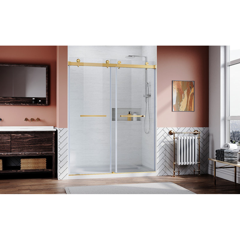Frameless Sliding Shower Glass Door 56-60 In.W X 76 In. H,3/8"(10Mm) Thick Clear Tempered Glass,Heavy Duty Stainless Steel Hardwares,Brushed Gold