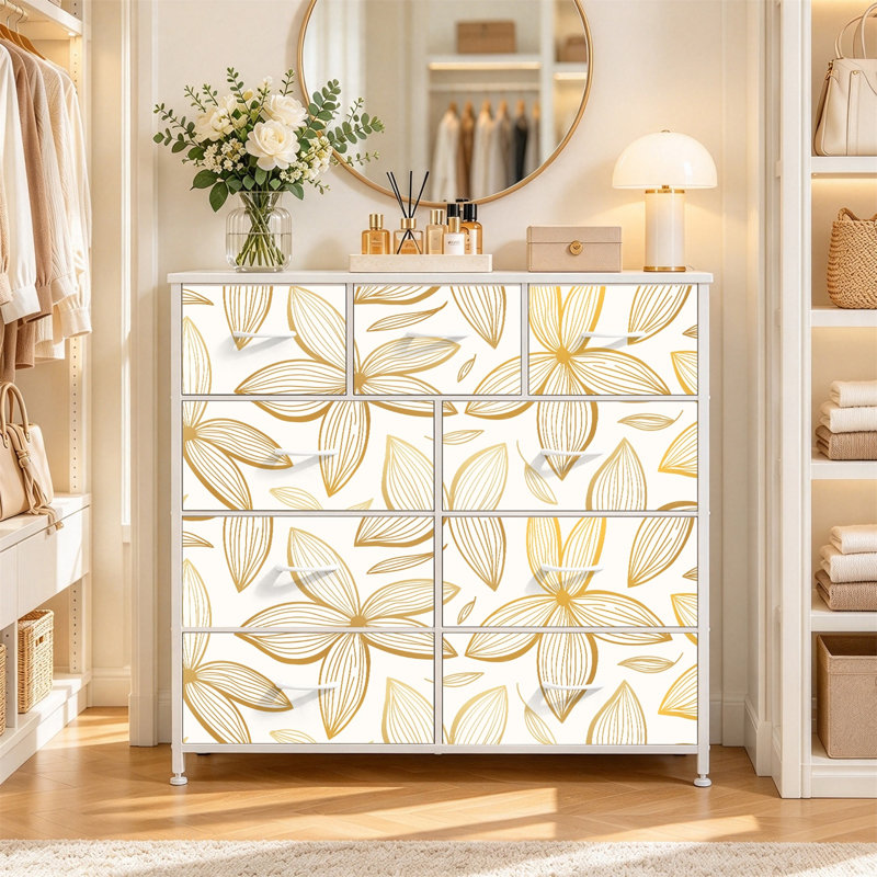 Commode avec 9 tiroirs en tissu, commode haute pour chambre à coucher, commode à grandes tiroirs pour le salon, Blanc