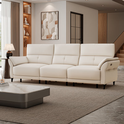 Canapé modulaire inclinable électrique, canapé inclinable électrique en cuir trois places avec appui-tête réglable, canapé modulaire blanc cassé avec console pour la maison et le bureau