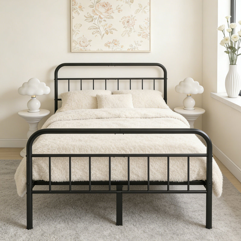 14"h Metal Platform Queen Bed Frame With Industrial Style Headboard & Footboard, Queen